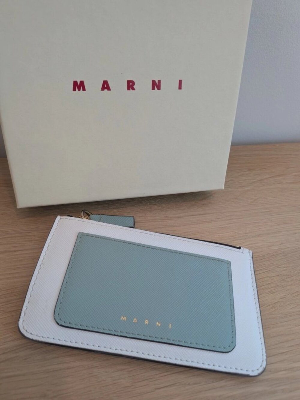 Marni Saffiano Leather Zip Card Holder White/Light Blue